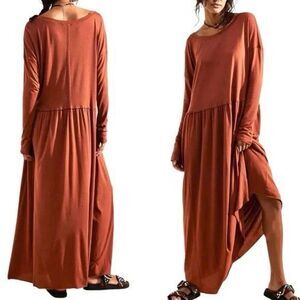 Free People Anytime Longe Sleeve Cotton Rustic Boho Midi Dress Women's Small